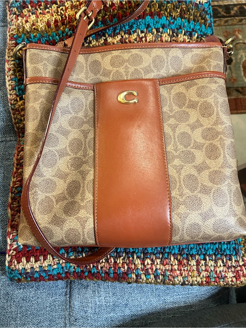 Coach Brown Signature Canvas Crossbody with Tan Leather Panel